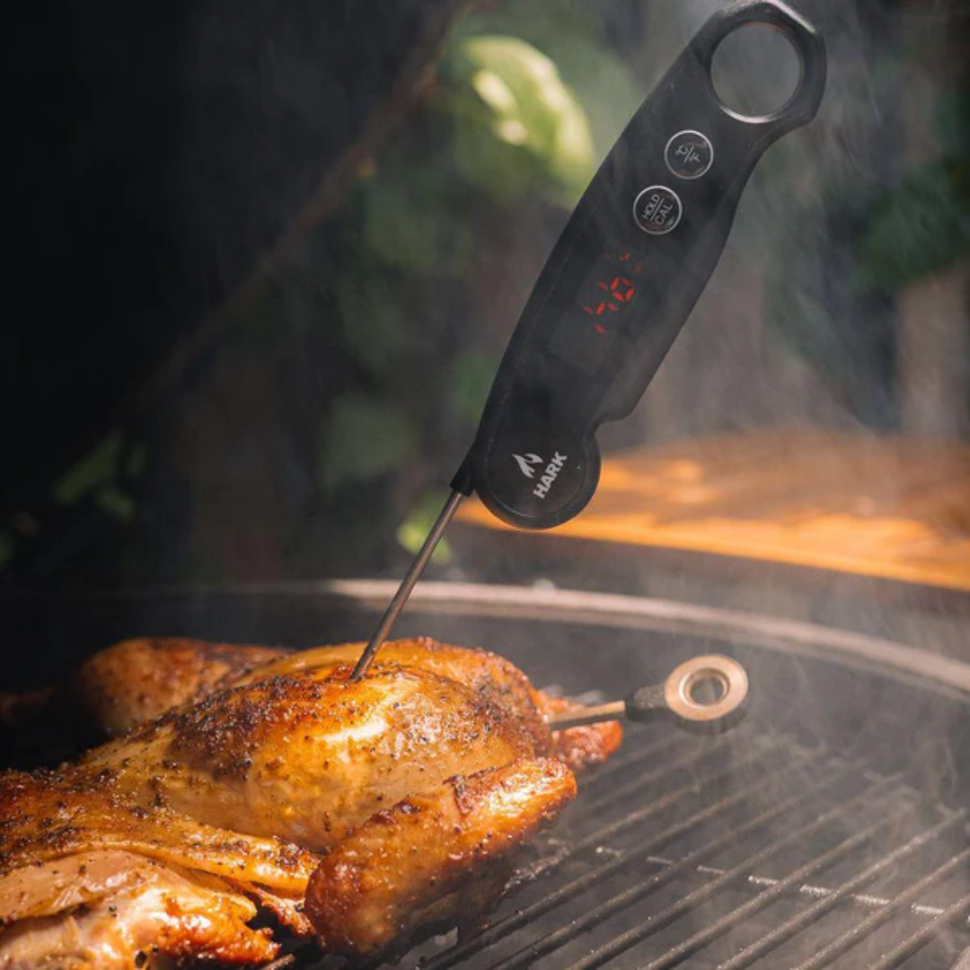 Digital thermometer inserted into a roasted chicken on a grill with a blurred outdoor background
