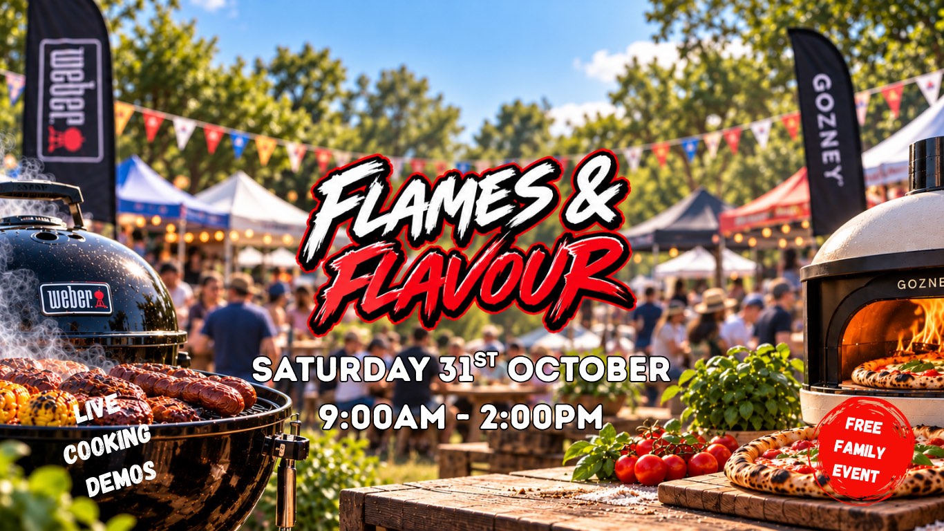Flames and Flavour, Saturday 31 October, 9am to 2pm. Live cooking demos, free family event.